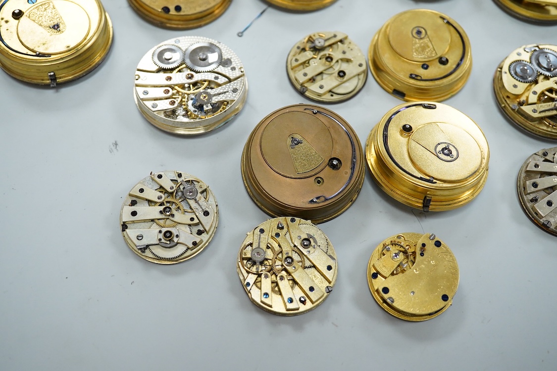 A small quantity of assorted mainly 19th century pocket and fob watch movements including Thomas Crispe of Bravington Sq. W. Lockwood of Huddersfield and William Flowers of London.